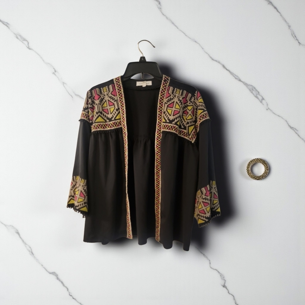 Honey Punch Womens Black Kimono with Colorful Embroidery